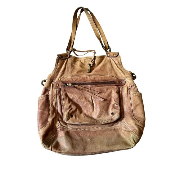 Vintage Fossil Large Brown Leather Shoulder Bag Multiple Pockets & Key Charm Y2k - Picture 4 of 12